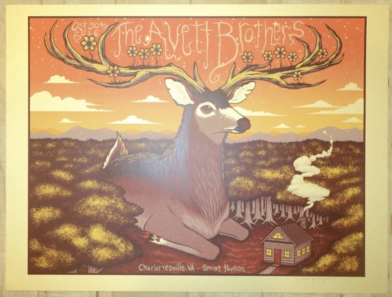 2016 The Avett Brothers Charlottesville Gold Variant Concert Poster by Jim Mazza