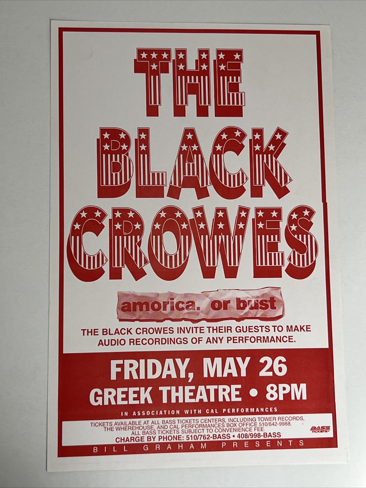 Black Crowes Greek Theatre 1995 Original Concert Poster Amorica. Or BUST Tour