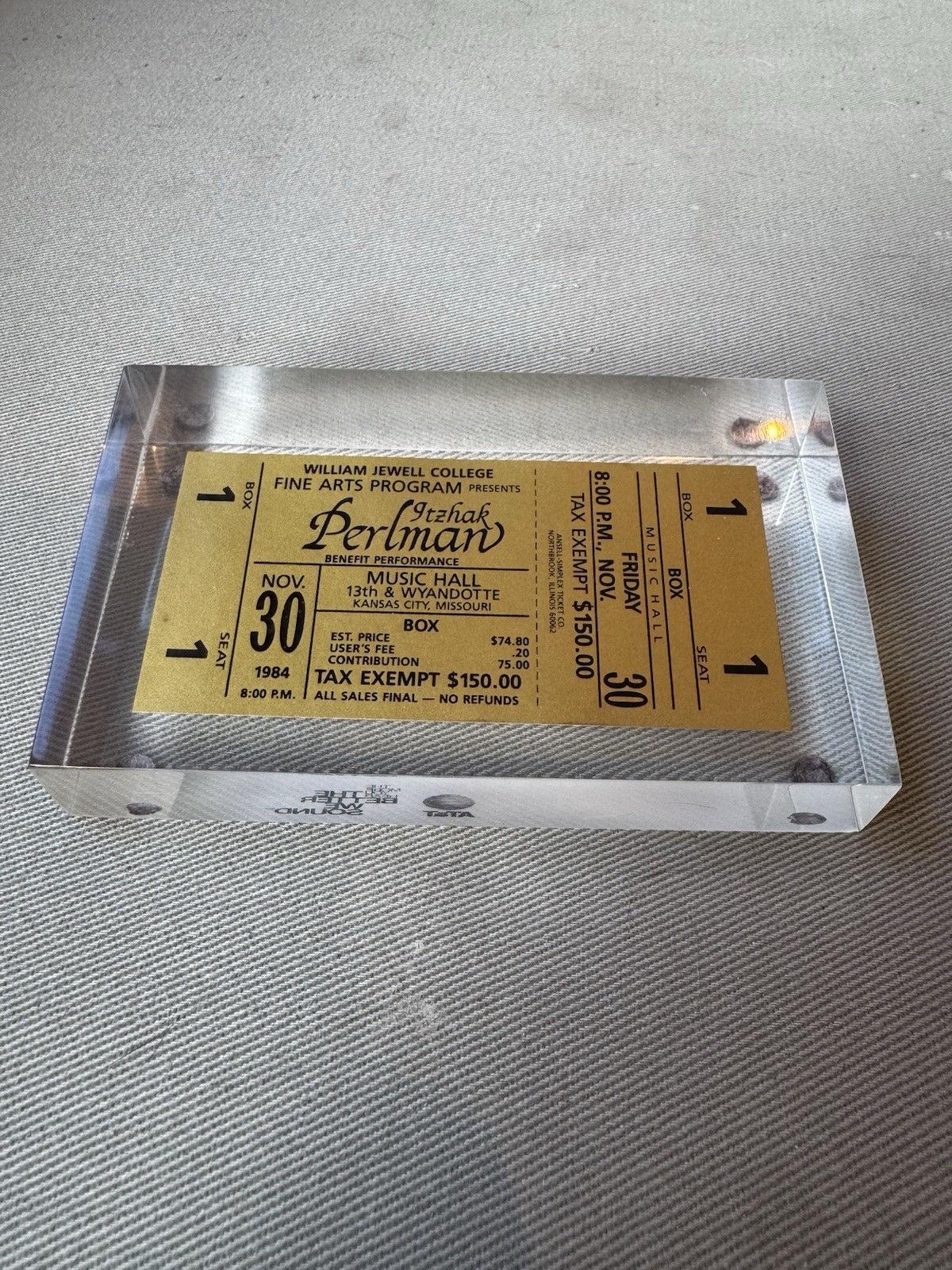 Itzhak Perlman 1984 Concert Ticket – Wm. Jewell College – Lucite Paperweight
