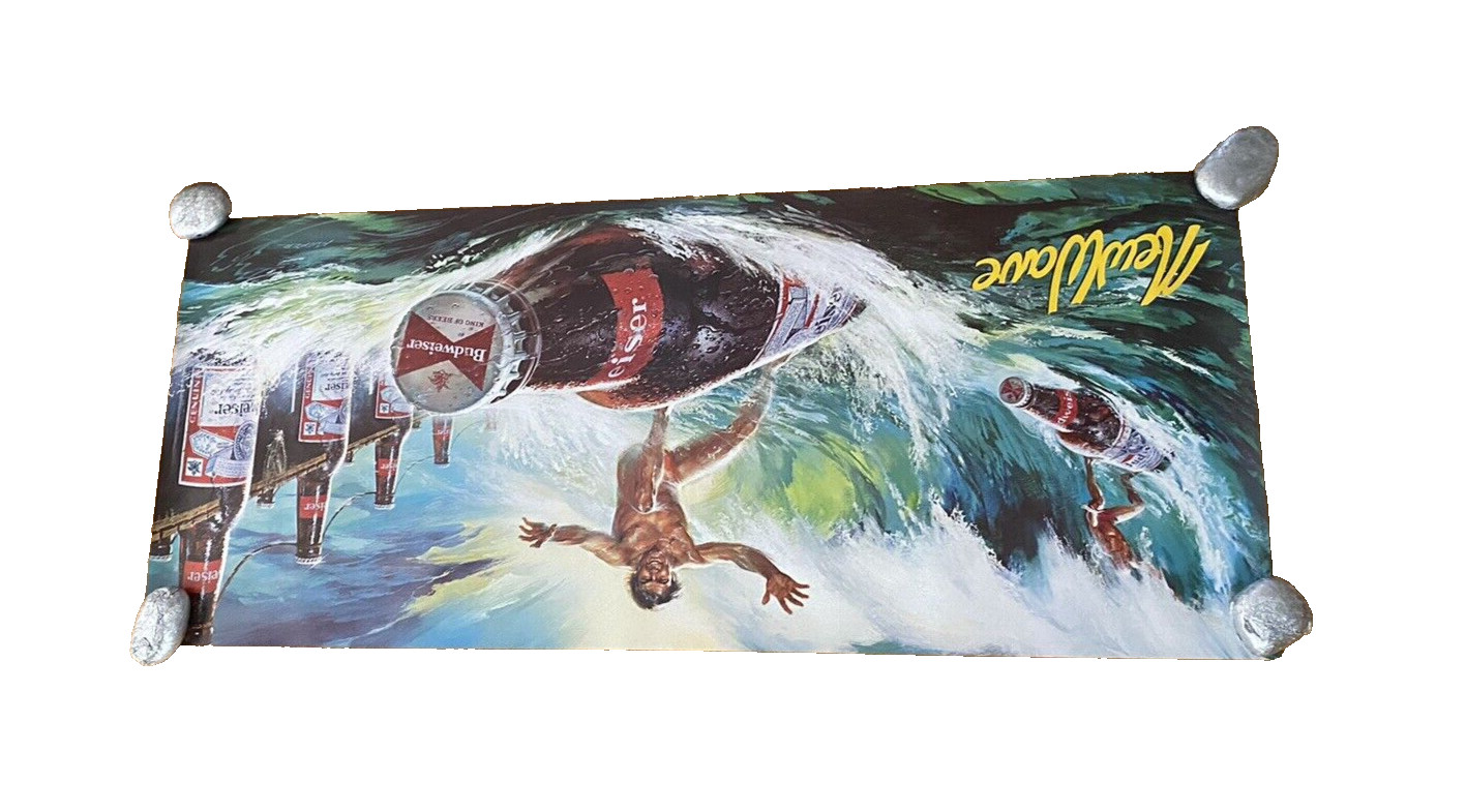 New Wave Budweiswer Surfing Guy Bottle Art Original 1980’s 36″X 15″ Vintage #2