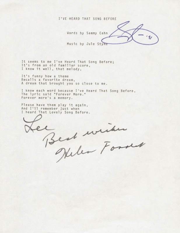 SAMMY CAHN – INSCRIBED TYPED LYRIC (S) SIGNED 1991 CO-SIGNED BY: HELEN FORREST