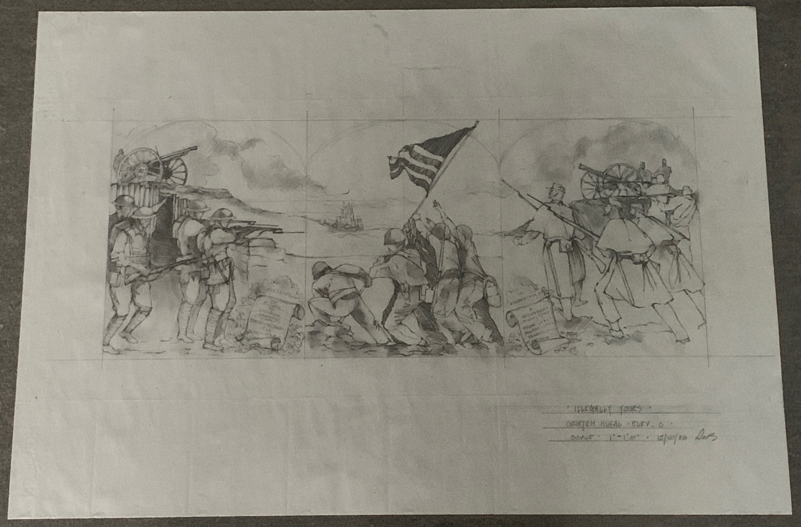 1986 ILLEGALLY YOURS original pencil production sketch ~ courtroom mural ~ 21×30