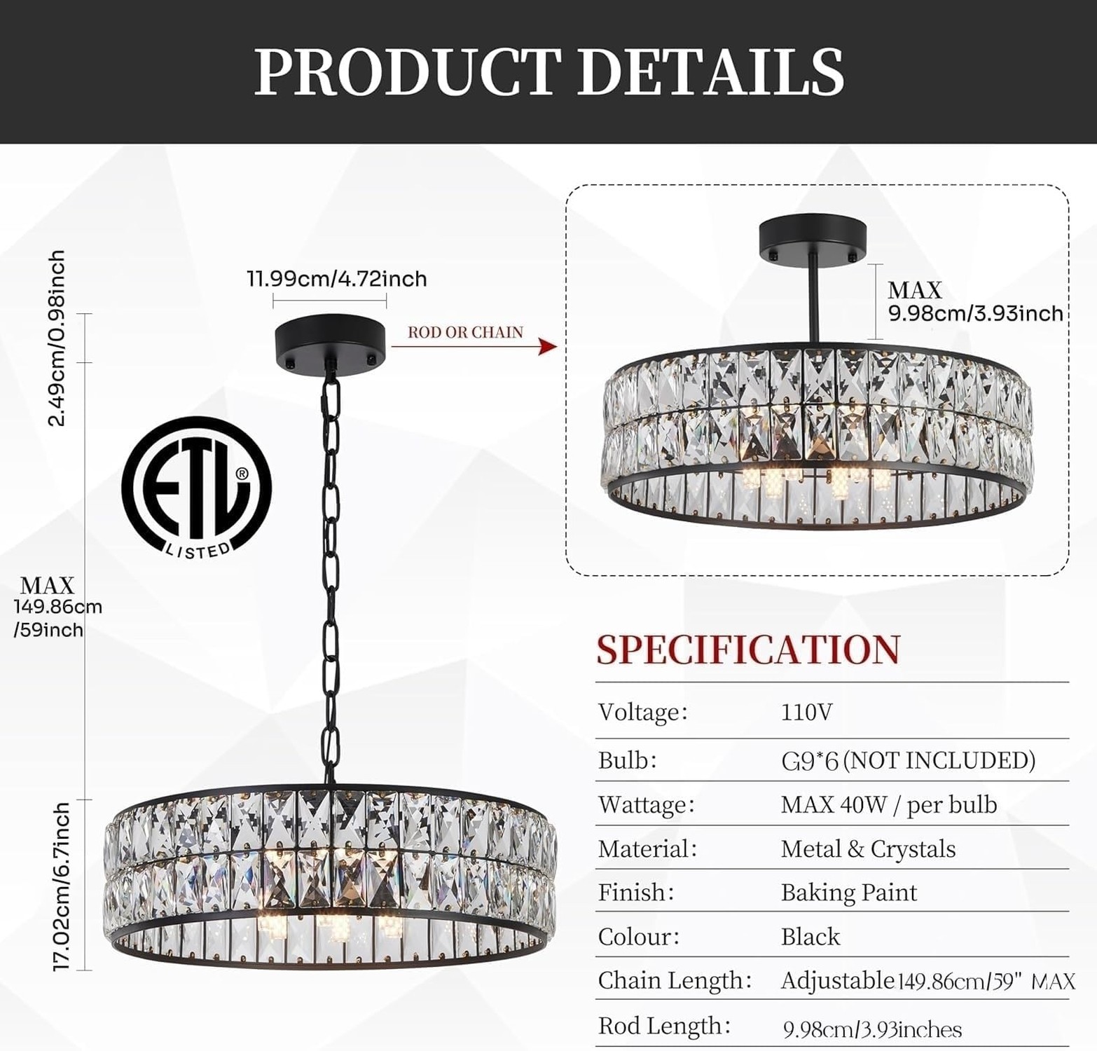 6-Light Black Crystal 18″ Round Semi Flush Mount Ceiling Chandelier | Elegant…