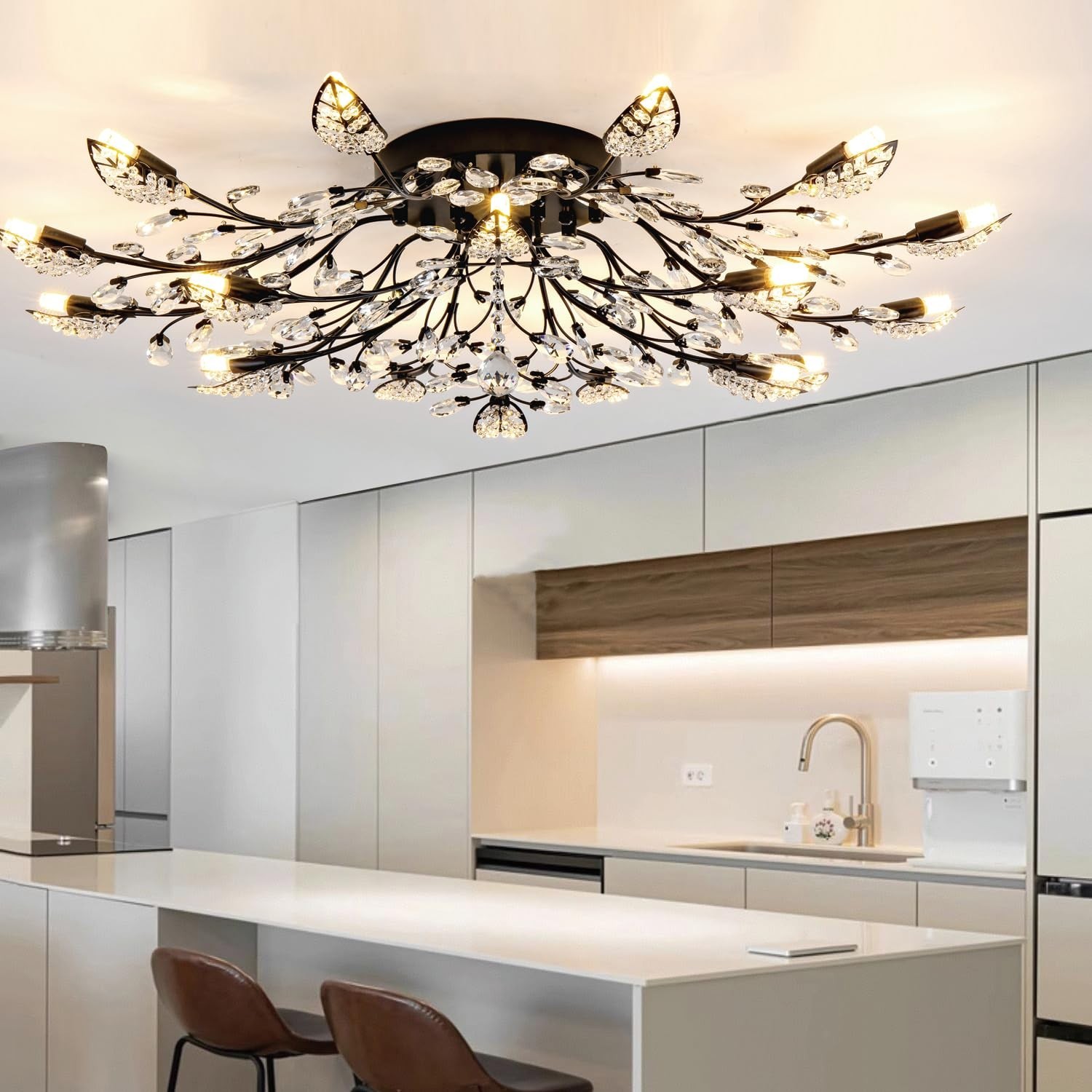 Semi Flush Mount Ceiling Light Fixture,Black Crystal Leaves Chandelier,Flower…