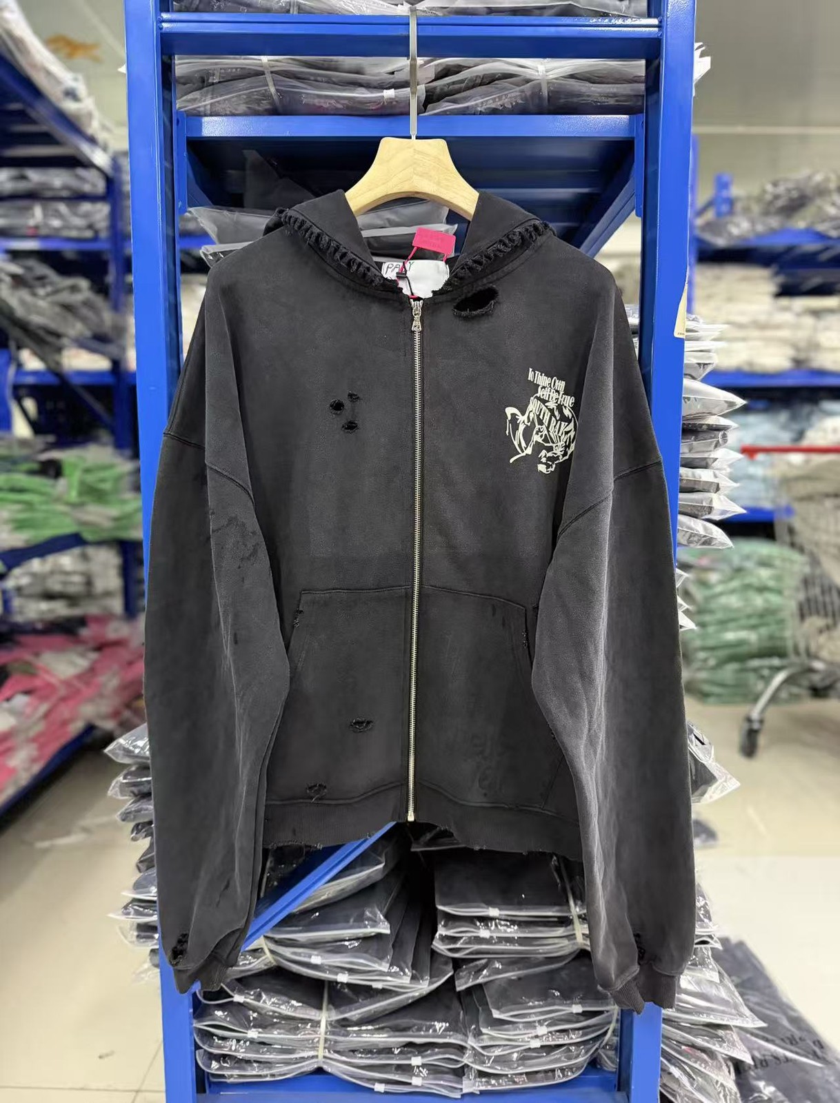 American High Street Hand Distressed Washed Zip Up Hoodie Unisex Sweatshirt Coat