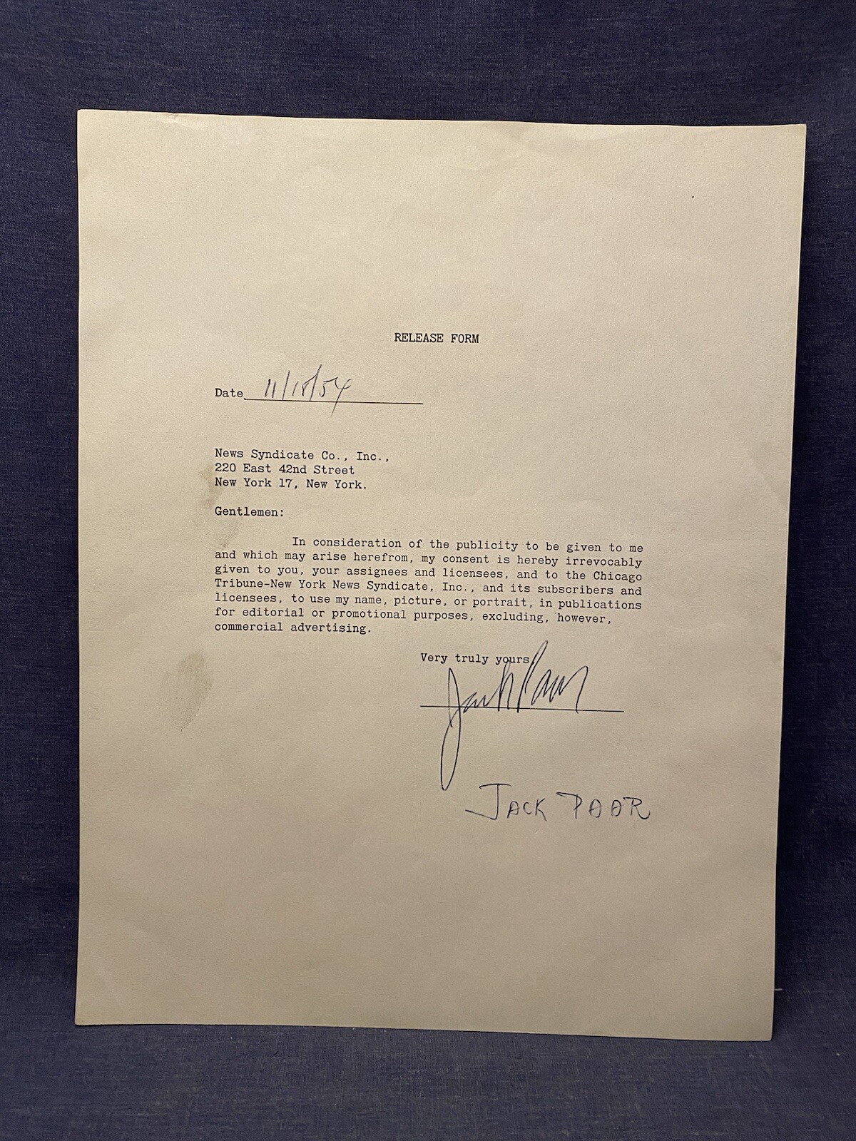 1954 Signed Release Form JACK PAAR Chicago Tribune New York News Syndicate Rare