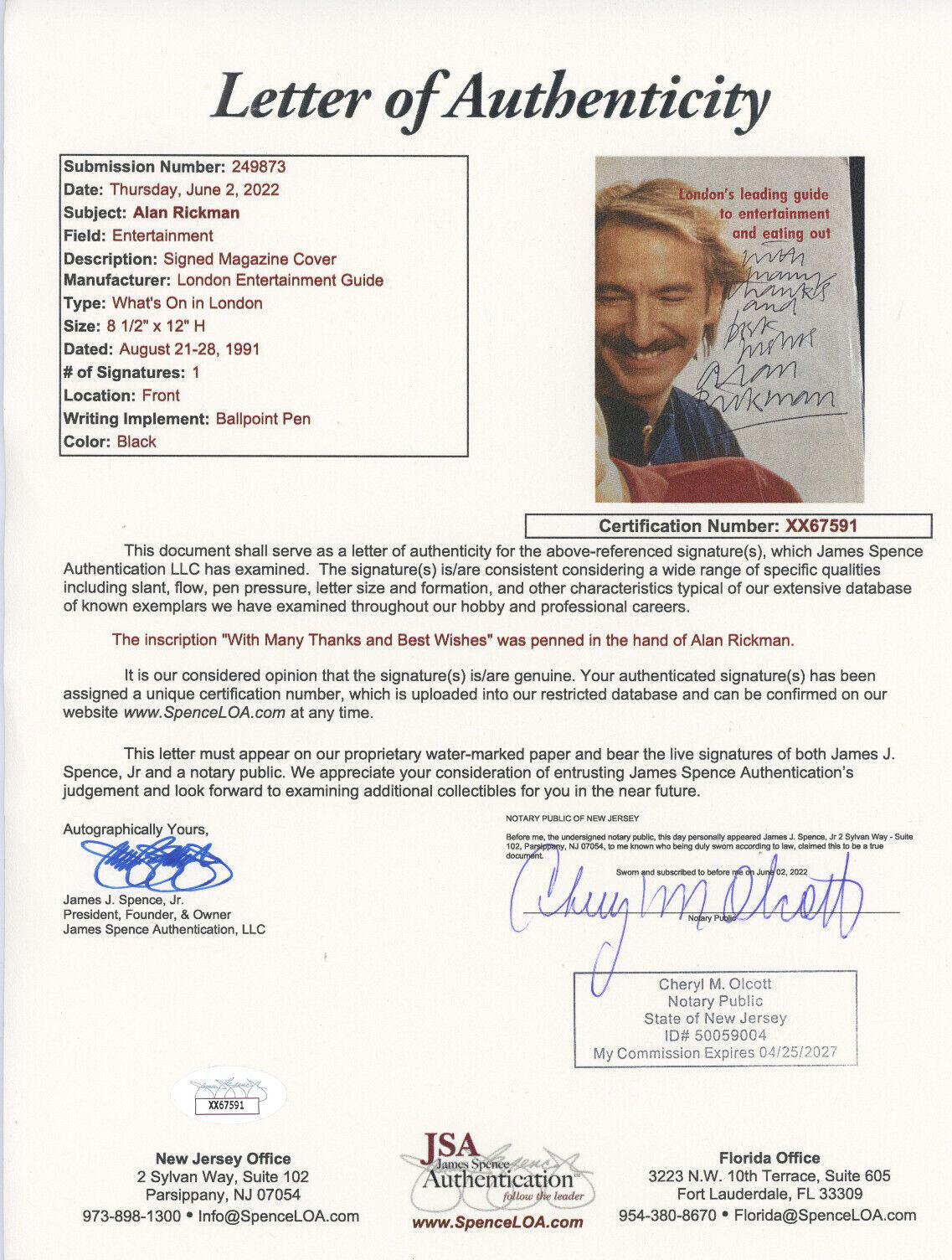 Alan Rickman signed Cut Custom Card JSA LOA Harry Potter Auto Actor Z2061