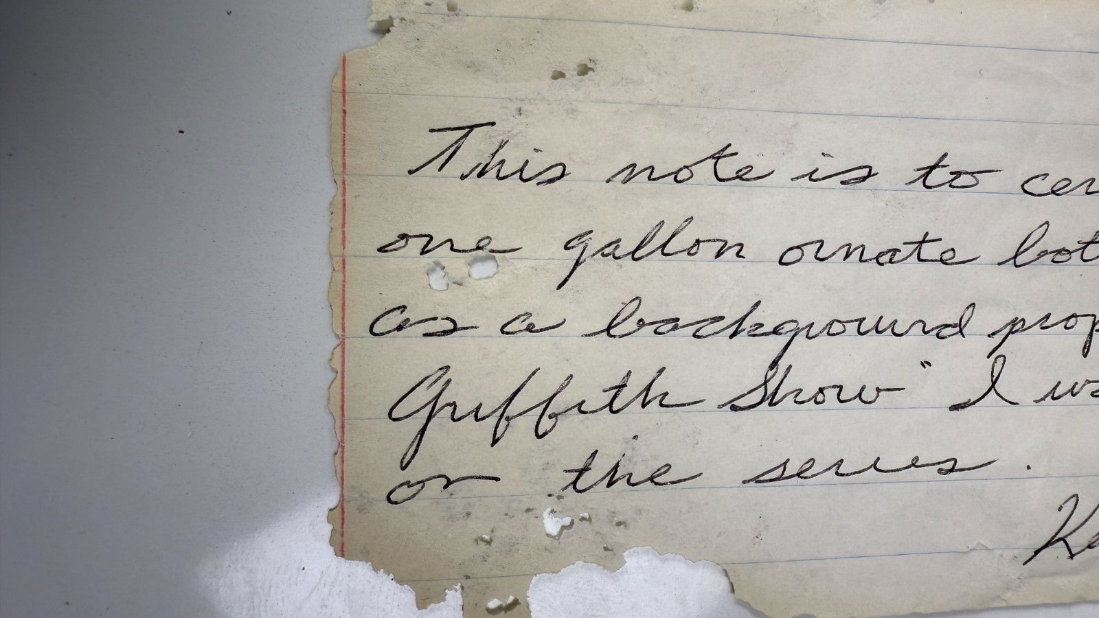 Andy Griffith Show Attributed Prop 1-Gallon Bottle w/ Signed 1977 Crew Note