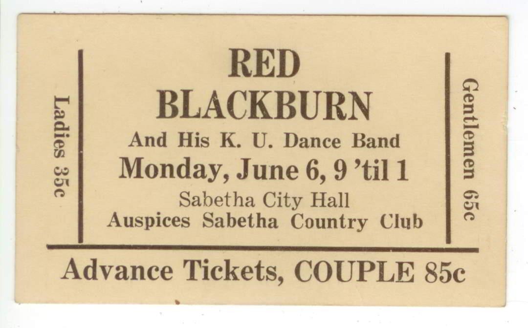 c1937 Red Blackburn and his Kansas University jazz swing Dance Band ticket