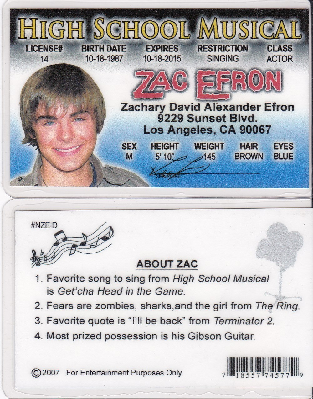 fun High School Musical ZAC EFRON id card Drivers License BAYWATCH star
