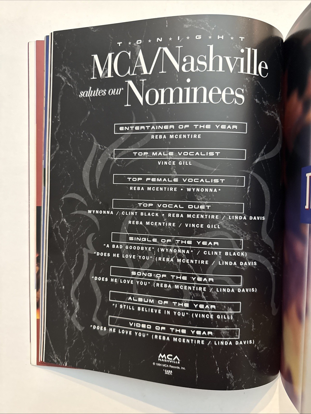 29th Annual ACM Awards Program 1994 Country Music NBC Wynonna Brooks & Dunn