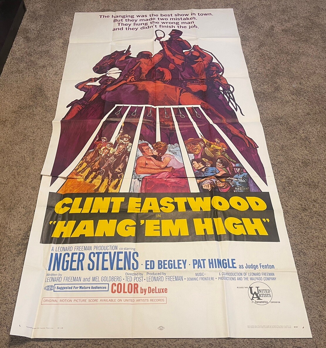 Original 1968 HANG EM HIGH 3-Sheet Movie Poster, Folded, 41×81”, Clint Eastwood
