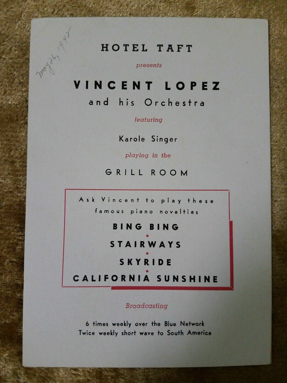 *AUTOGRAPH* VINCENT LOPEZ There’ll Never Be A Place… Hotel Taft Sheet Music