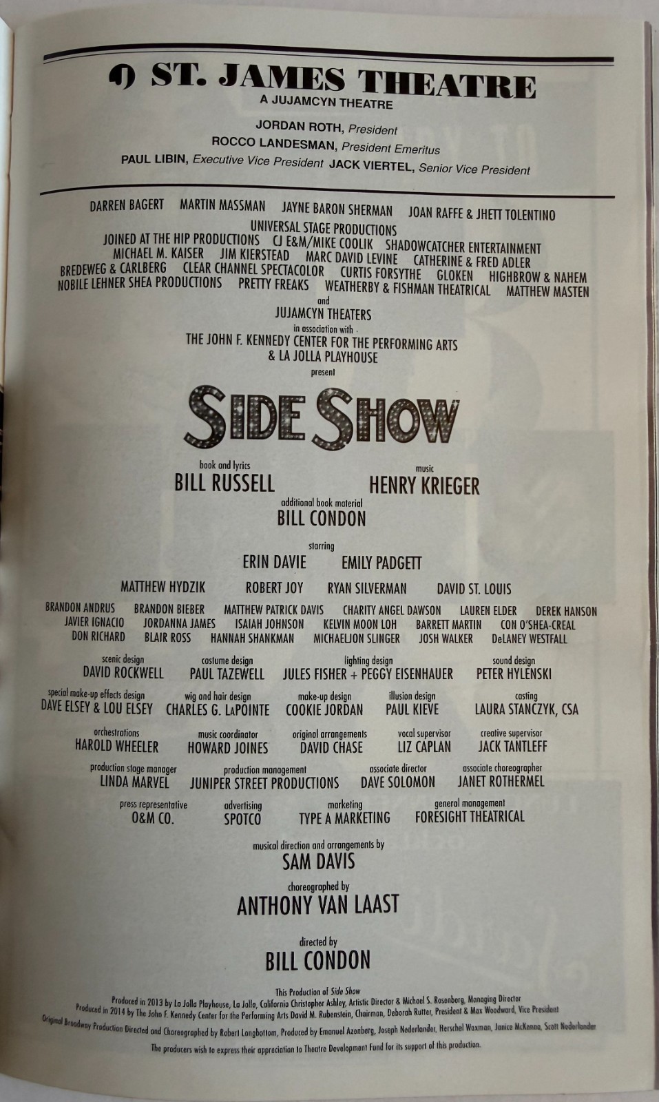 Side Show Playbill Dec 2014 Broadway Erin Davie Emily Padgett St. James NYC
