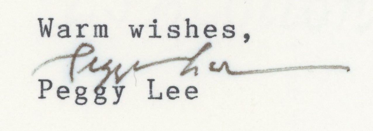 Peggy Lee Jazz Singer Autographed Signed Letter AMCo COA