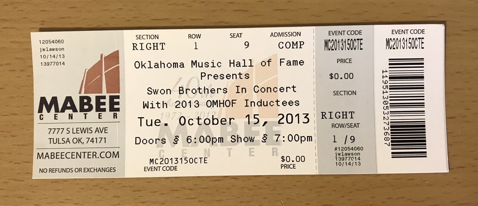 2013 SWON BROTHERS MABEE CENTER TULSA OKLAHOMA CONCERT TICKET STUB