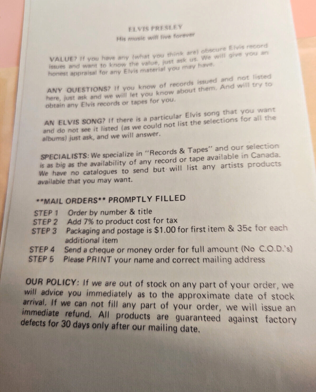 Elvis Presley Teachers Record Price list 1977 All song titles and formats