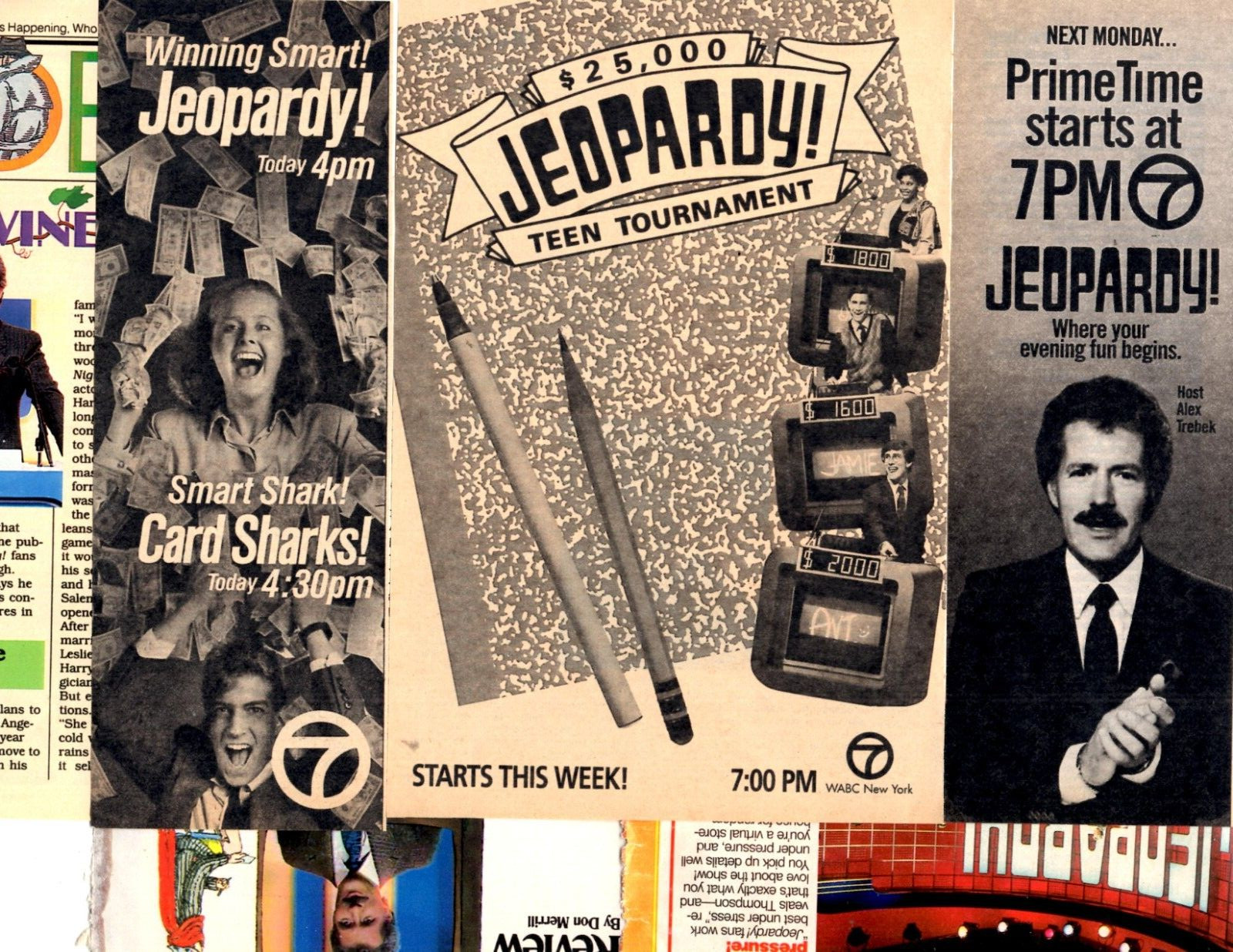 JEOPARDY! tv game show: 30+ separate CLIPPINGS pages lot Alex Trebek-host