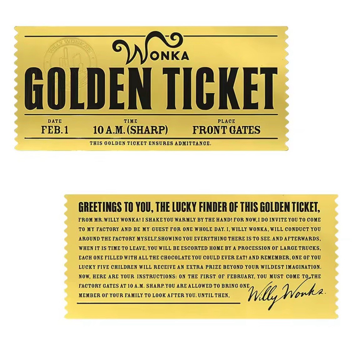 WILLY WONKA Replica Golden Ticket Charlie Chocolate Factory Movie Prop Free Ship