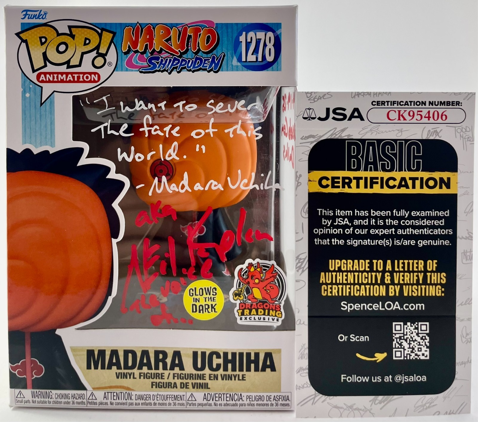 Neil Kaplan Signed Naruto Shippuden Madara Uchiha DTE GITD Funko POP! JSA COA