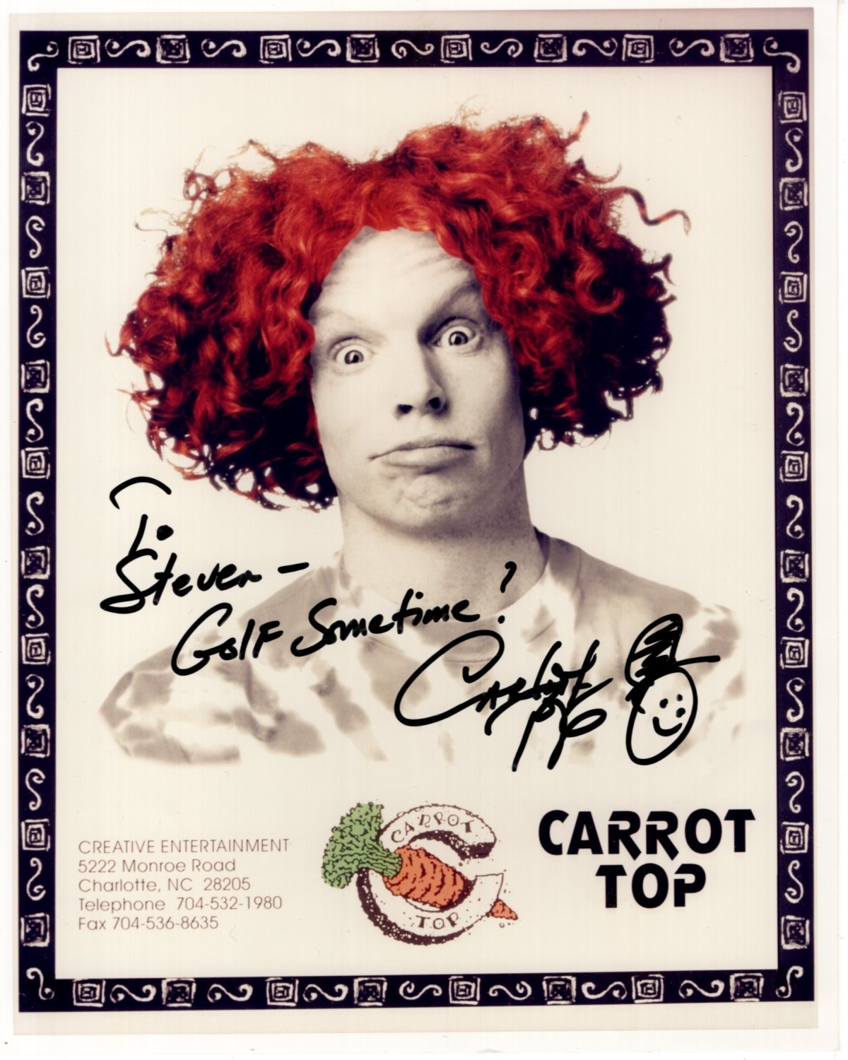 CARROT TOP Signed 8×10 Agency Photograph – To Steven GREAT GOLF CONTENT w SKETCH