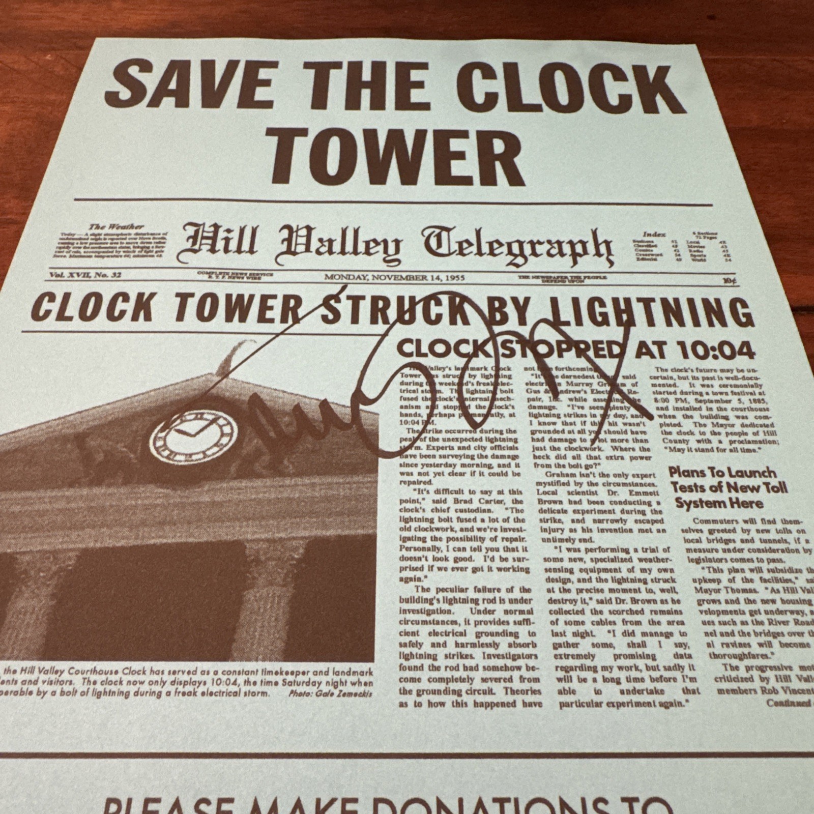 Michael J. Fox ~ Signed “SAVE THE CLOCK TOWER FLYER” w/COA Matching Holograms