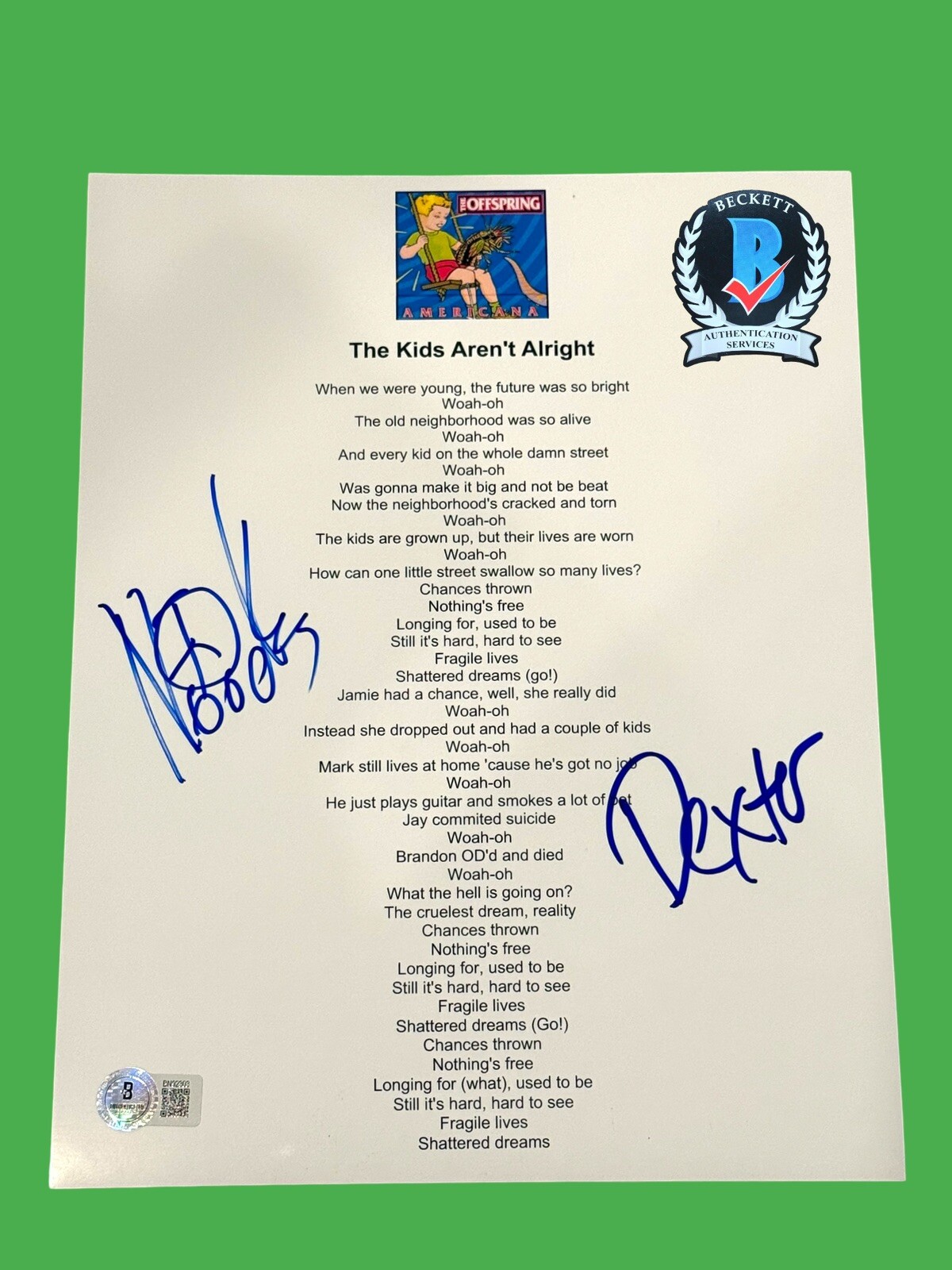 DEXTER HOLLAND X NOODLES SIGNED THE OFFSPRING THE KIDS ARENT ALRIGHT BECKETT