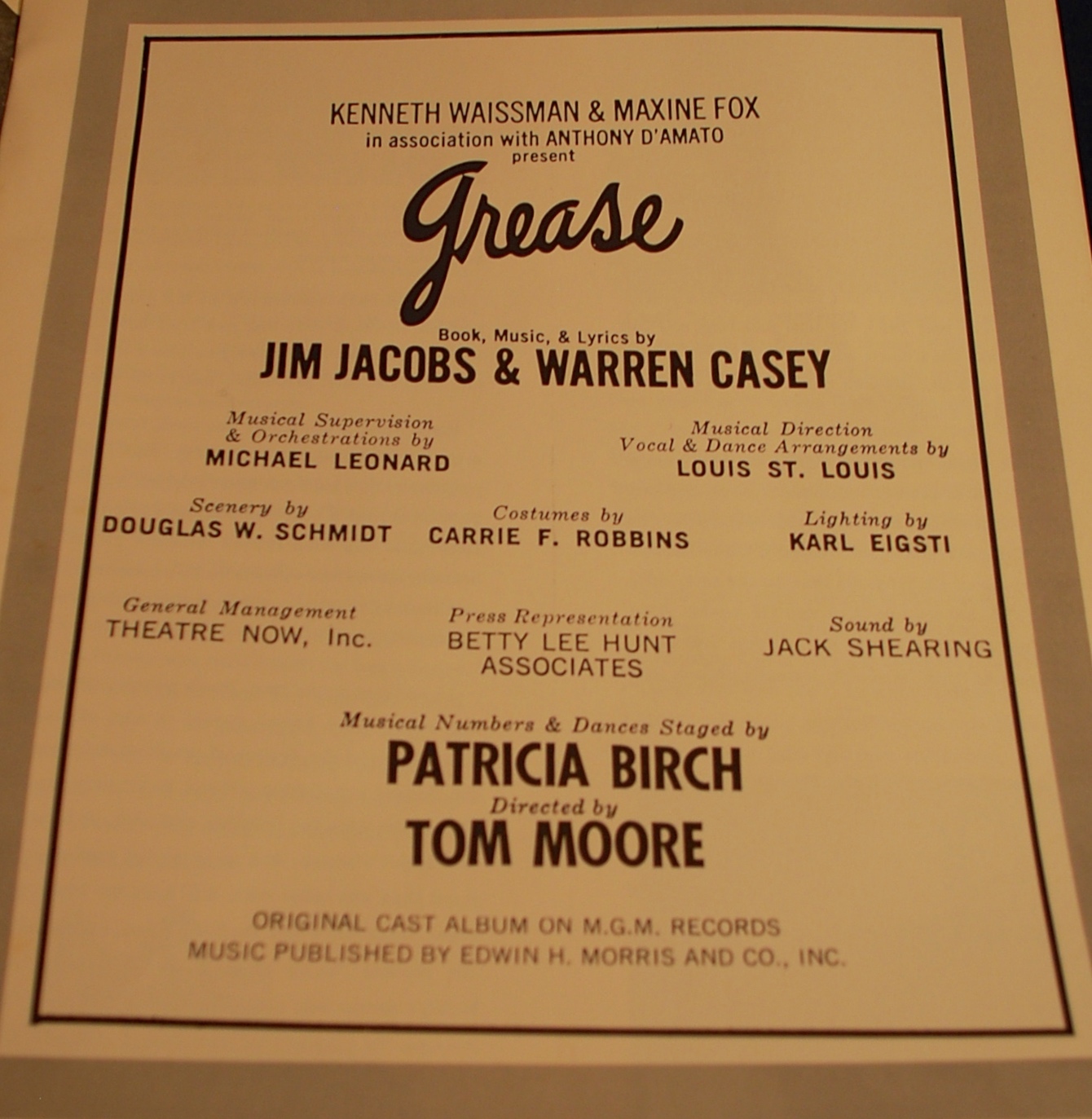 1995 Broadway play, “GREASE” Souvenir Program EUC