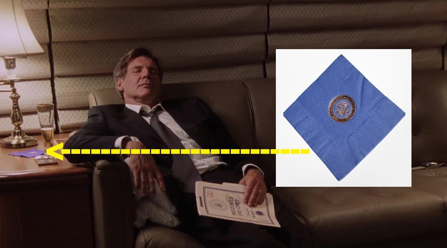 Air Force One original 1997 movie prop Harrison Ford President plane napkin COA