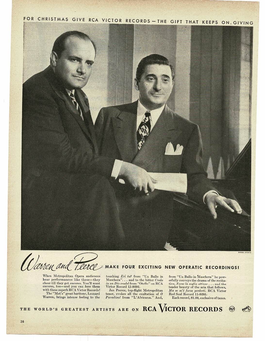 1946 RCA Victor Records Leonard Warren Jan Peerce Met Opera Promo Print Ad