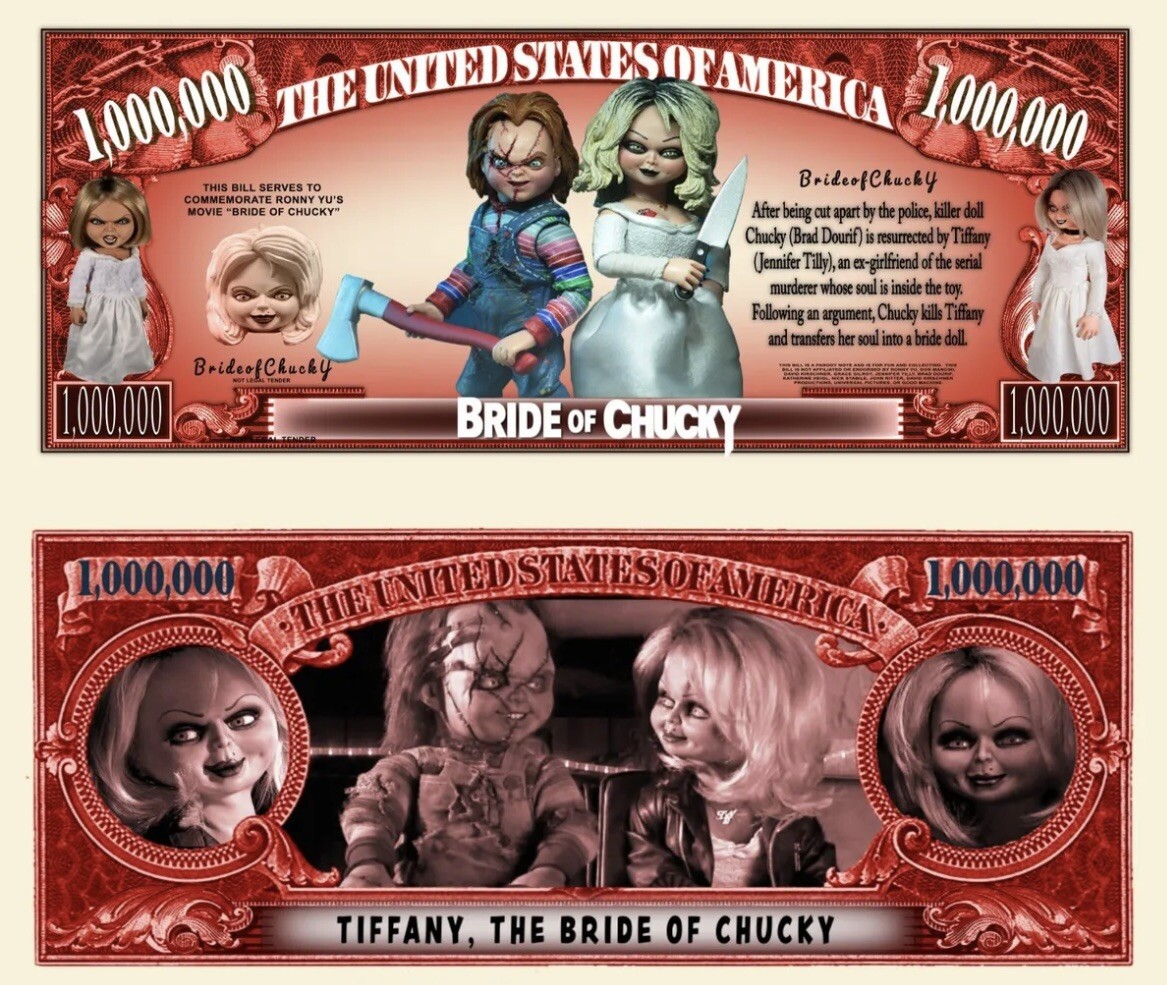 Pack of 25 Bride of Chucky Horror Doll 1 Million Dollar Bills Novelty Money