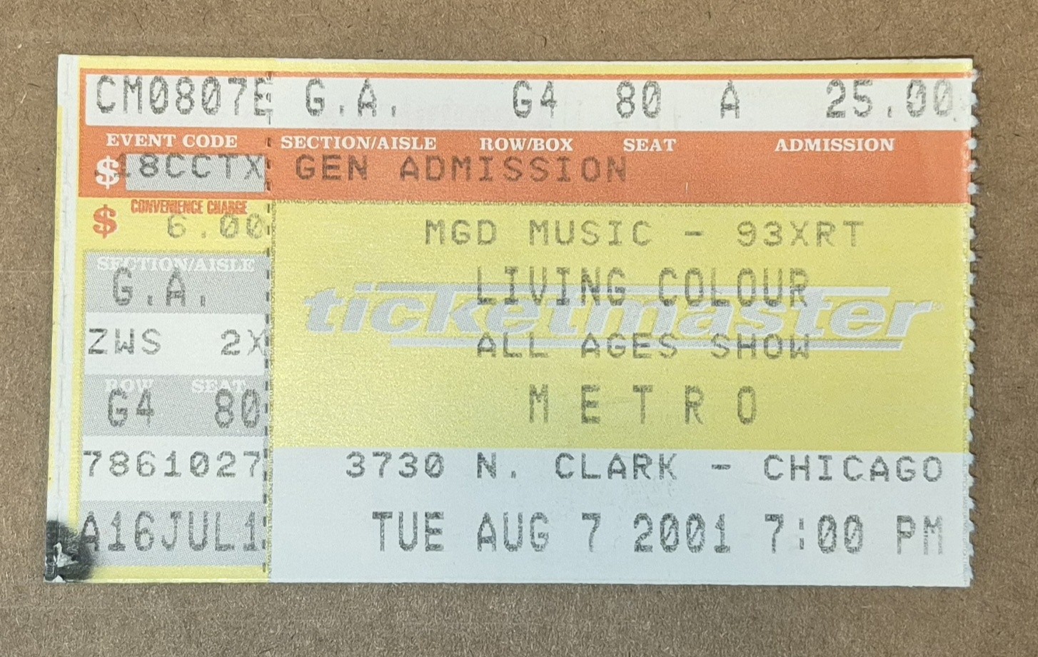 LIVING COLOUR RARE 2001 CABARET METRO CHICAGO TICKET STUB VG++ VERNON COREY