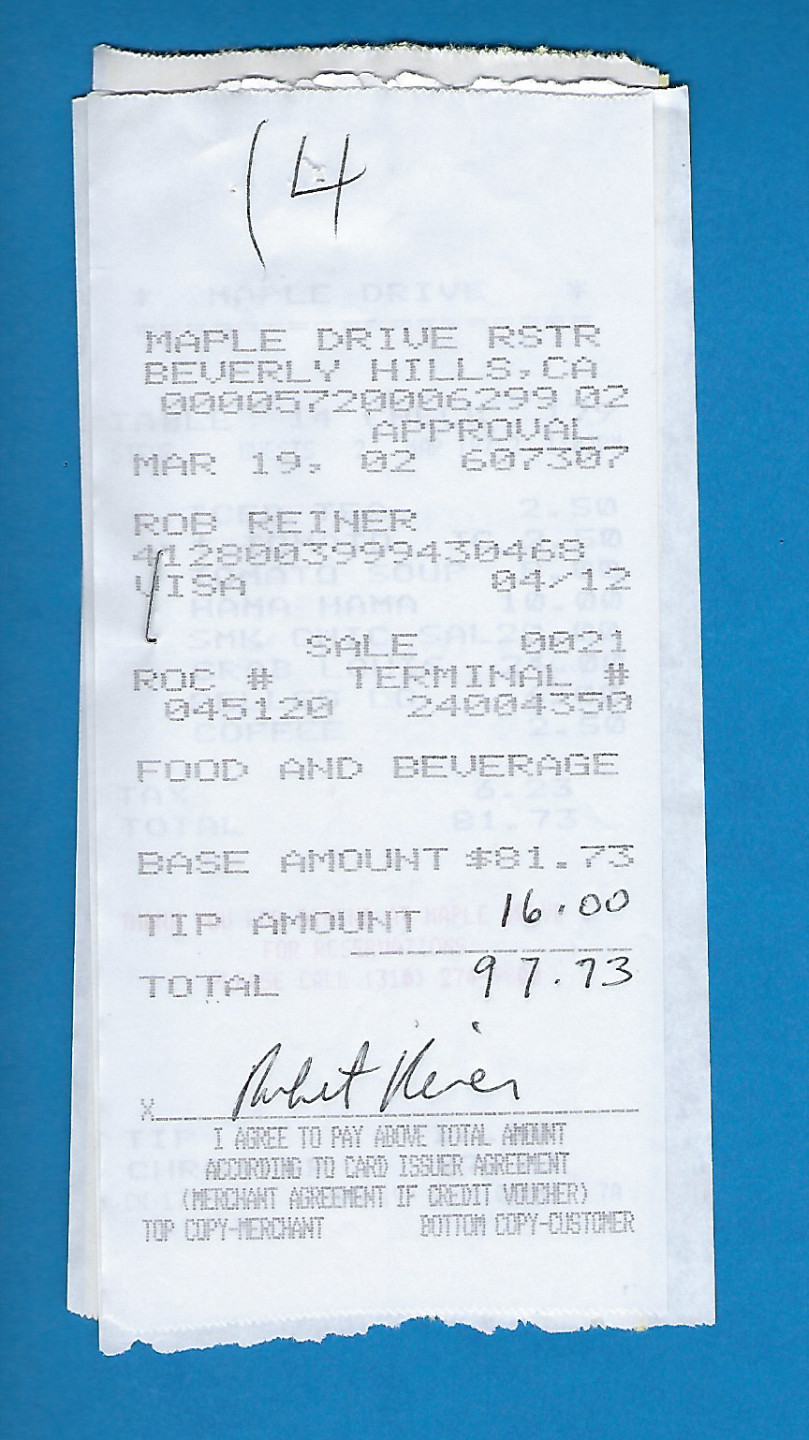 Rob Reiner Signed Restaurant Receipt from 2002 Princess Bride All in The Family