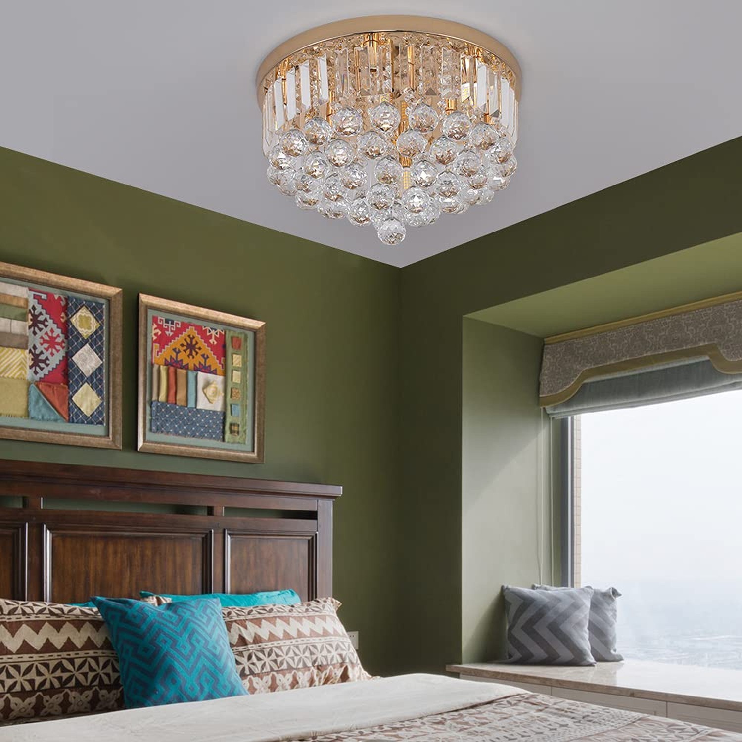 Mini Crystal Chandelier Ceiling Light,Flush Mount Modern Round K9 Crystal Rai…