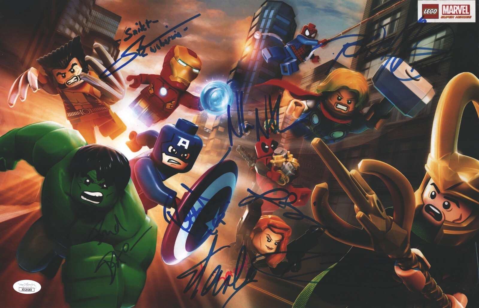 Stan Lee Troy Baker +6 Signed 11×17 Lego Marvel Superheroes Authentic JSA LOA