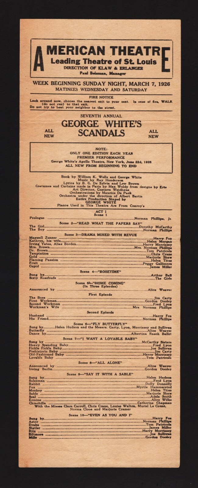Helen Morgan (Debut) “GEORGE WHITE SCANDALS” Miller and Lyles 1926 Broadside