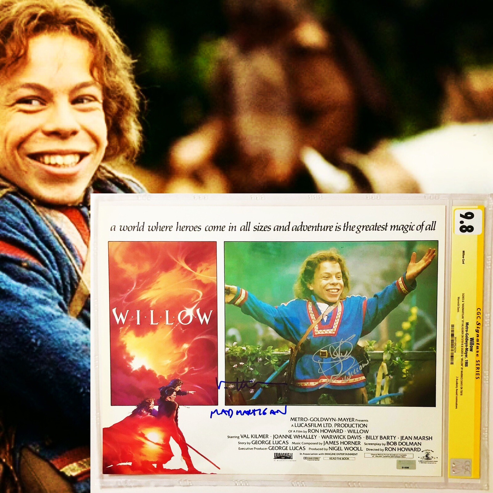 CGC 9.8 SS Willow Lobby Card signed by Warwick Davis & Val Kilmer 11×14 1988