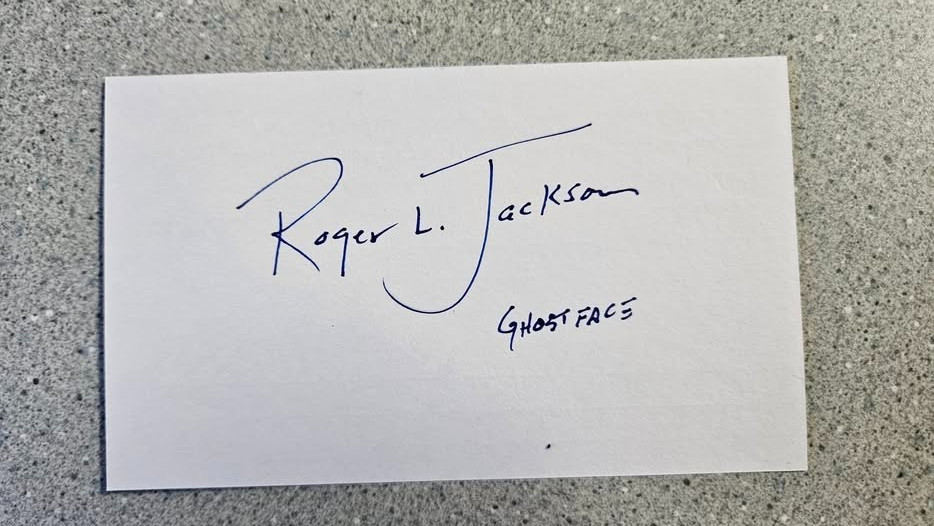 ROGER L. JACKSON SIGNED 3×5 INDEX CARD AUTOGRAPH – SCREAM GHOSTFACE