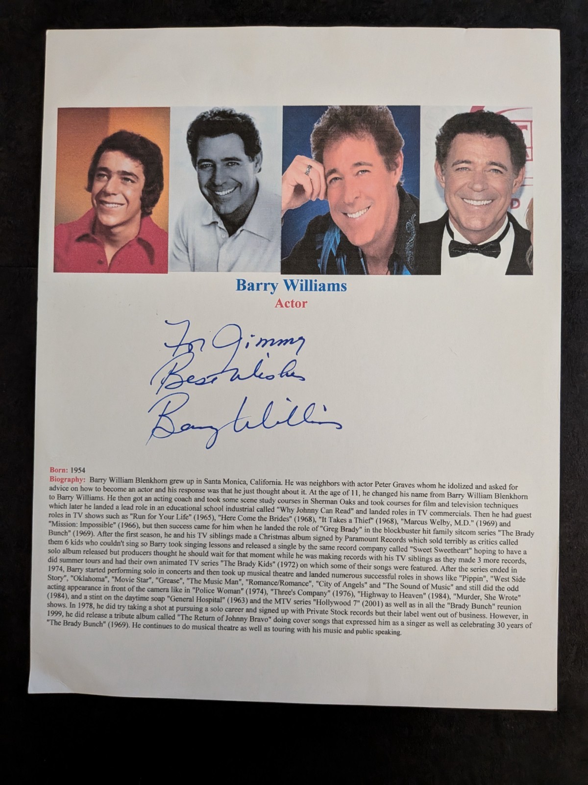 Barry Williams Signed 8.5″ x 11″ Photo Sheet – The Brady Bunch