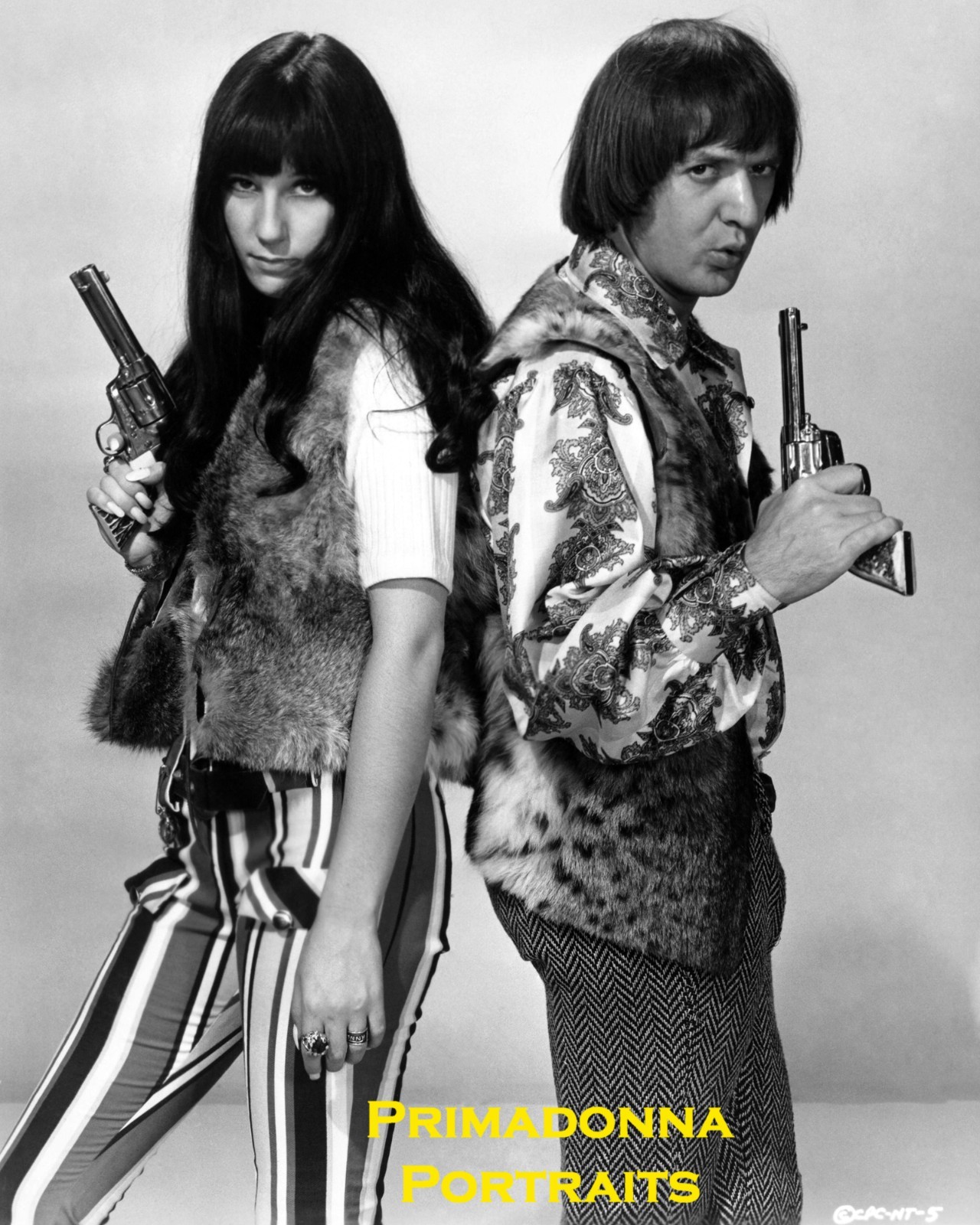 SONNY BONO & CHER 8X10 Lab Photo B&W Portrait 1966 FUR VEST AND GUNS