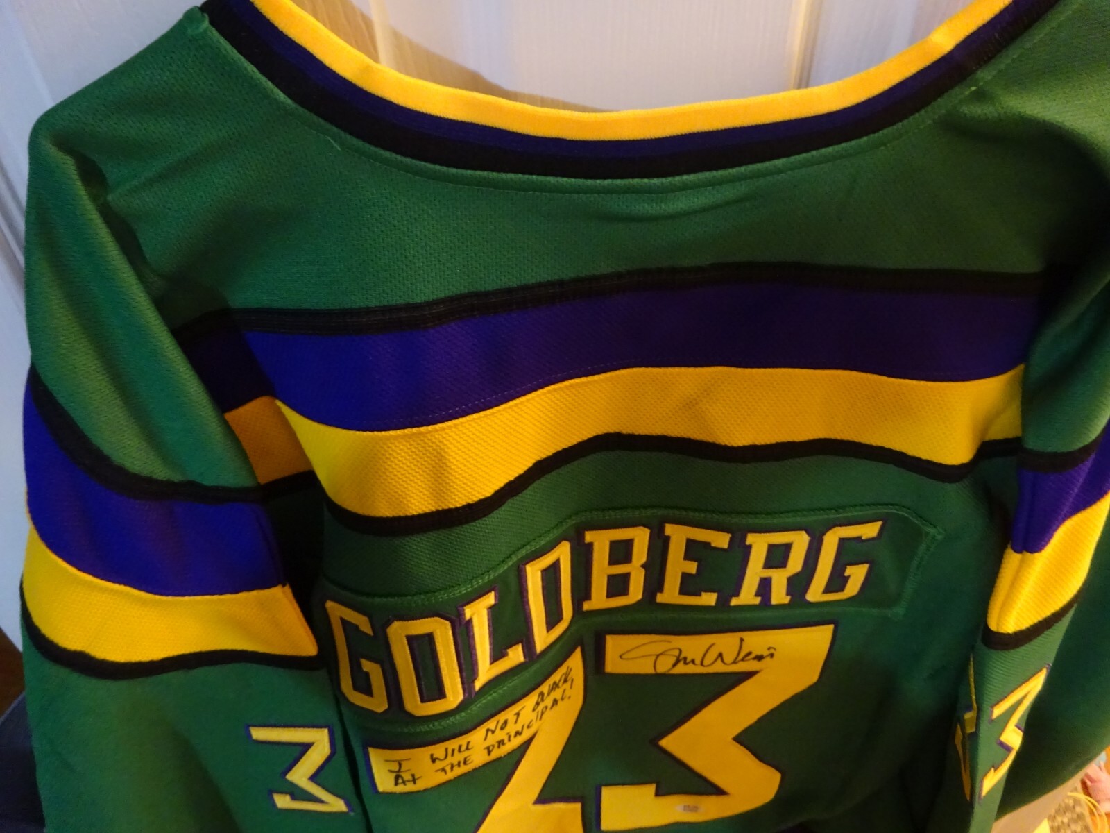 Signed Shaun Weiss Autographed Inscriptions Mighty Ducks Goldberg Jersey PSA COA