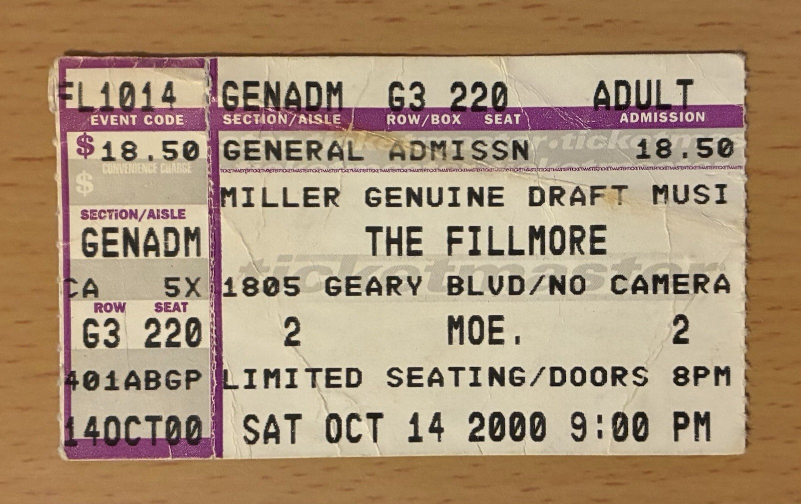 2000 MOE. THE FILLMORE SAN FRANCISCO 10/14 CONCERT TICKET STUB