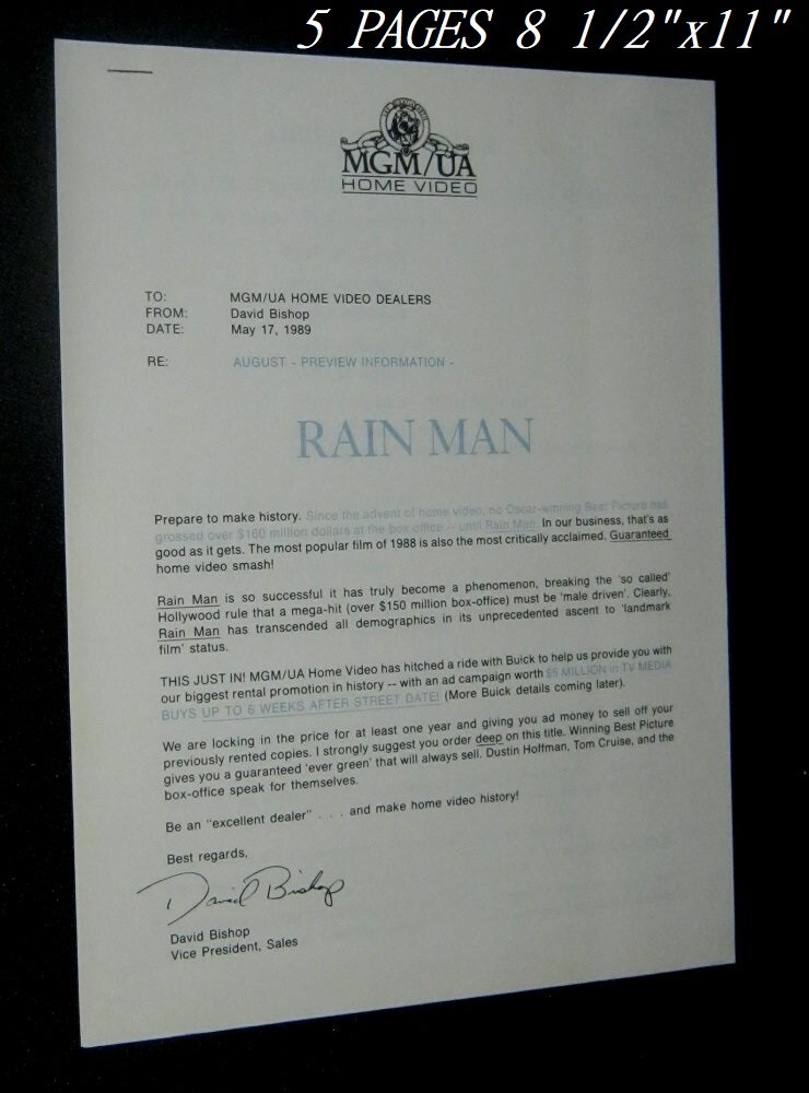 Original RAIN MAN Intricate Video Release Press Kit TOM CRUISE DUSTIN HOFFMAN