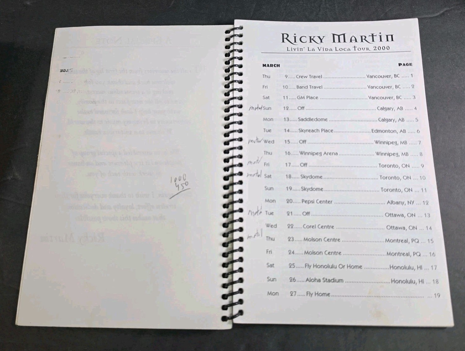 RICKY MARTIN ~ LIVIN’ LA VIDA LOCA TOUR ~ CREW ITINERARY ~ MARCH 2000 ~ 36 pages