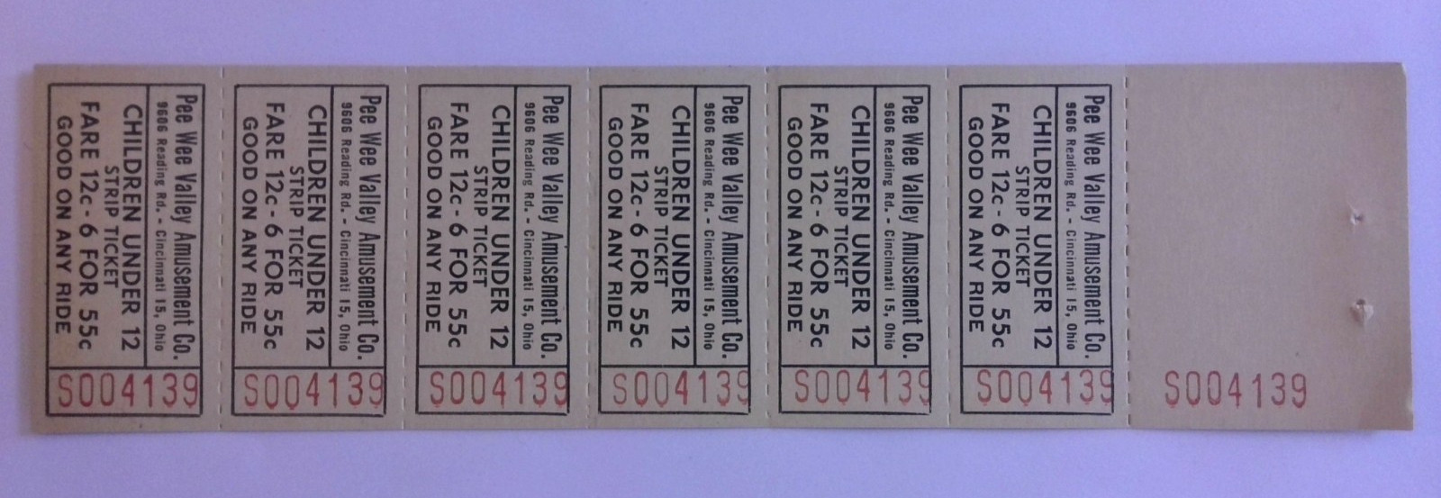Rare Pee Wee Valley Amusement Park Cincinnati OH 1955 Childrens Ride Ticket Stri