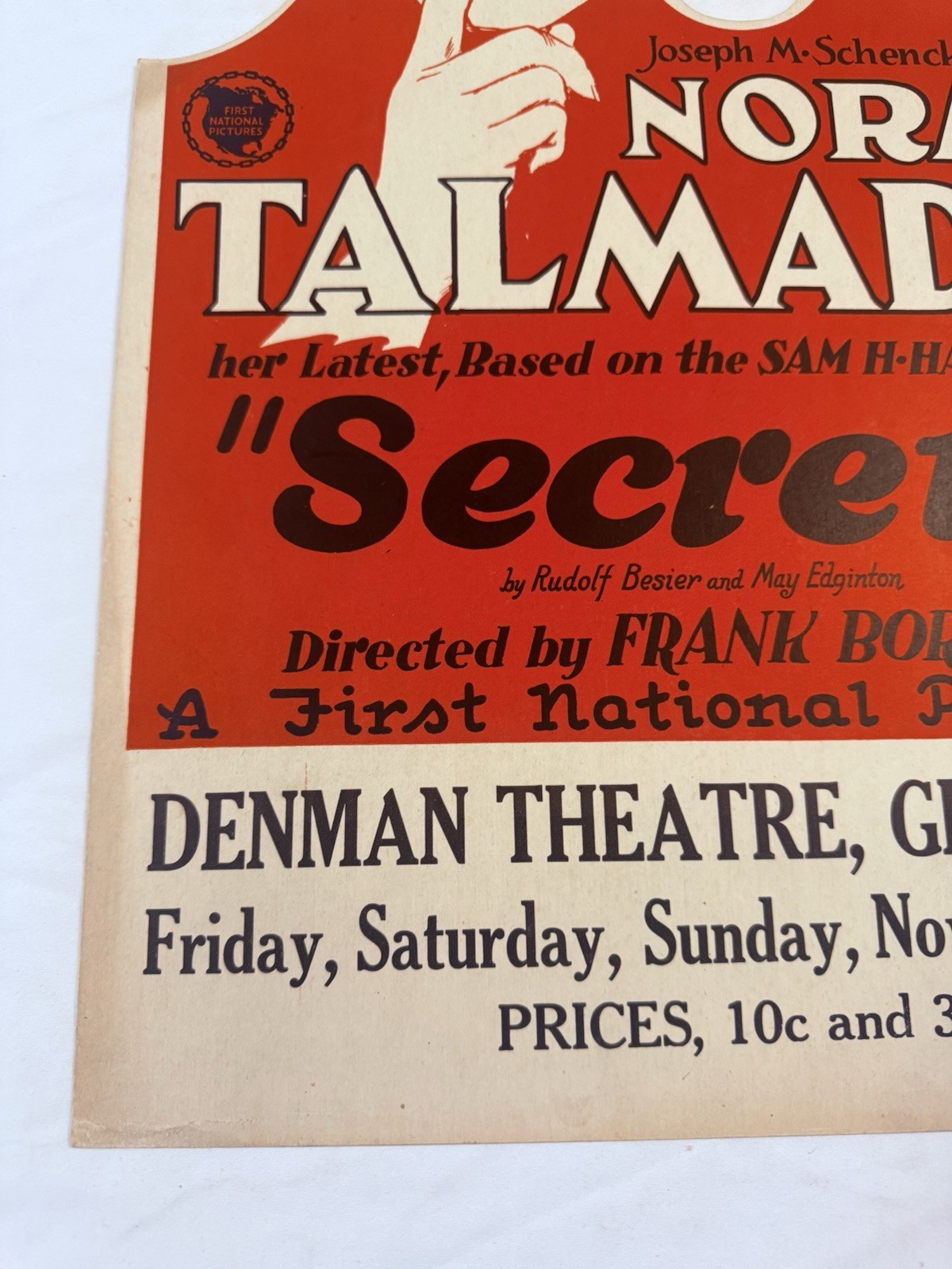 1924 Secrets Original 14×22” Window Movie Poster Norma Talmadge Die Cut