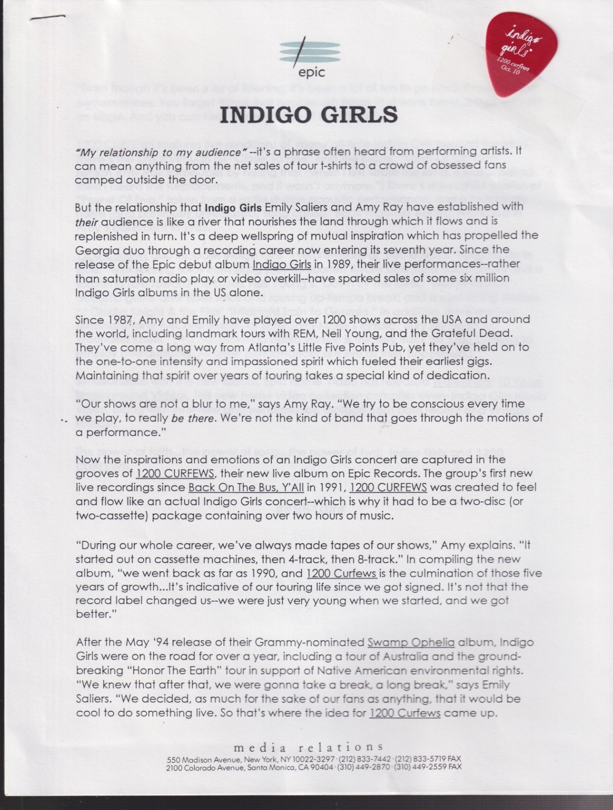 indigo girls press release for 1200 curfews w/ guitar pick & bookmark promo 1995