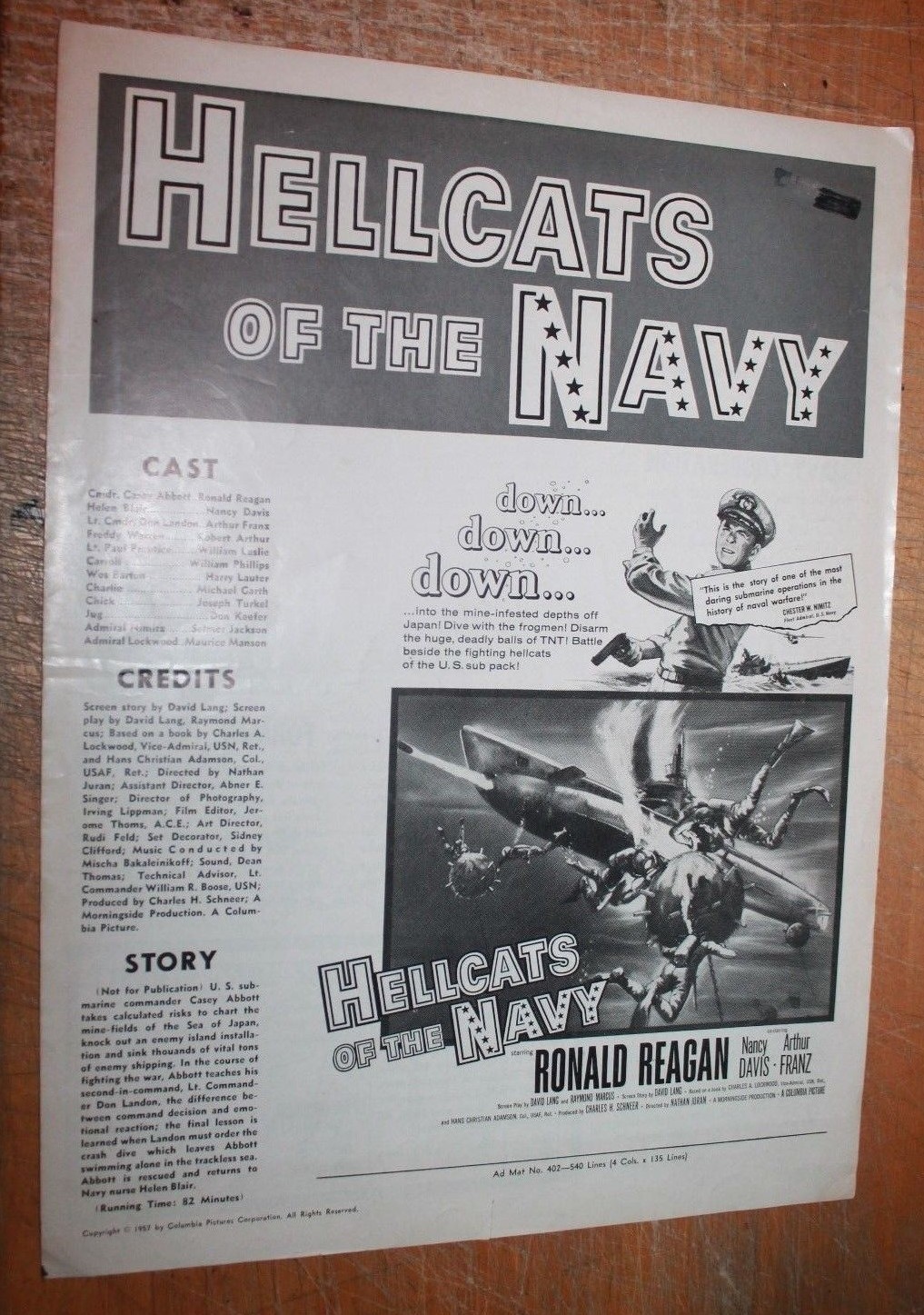 HELLCATS OF THE NAVY original PRESS BOOK THEATER 1957 Ronald Nancy Reagan Davis