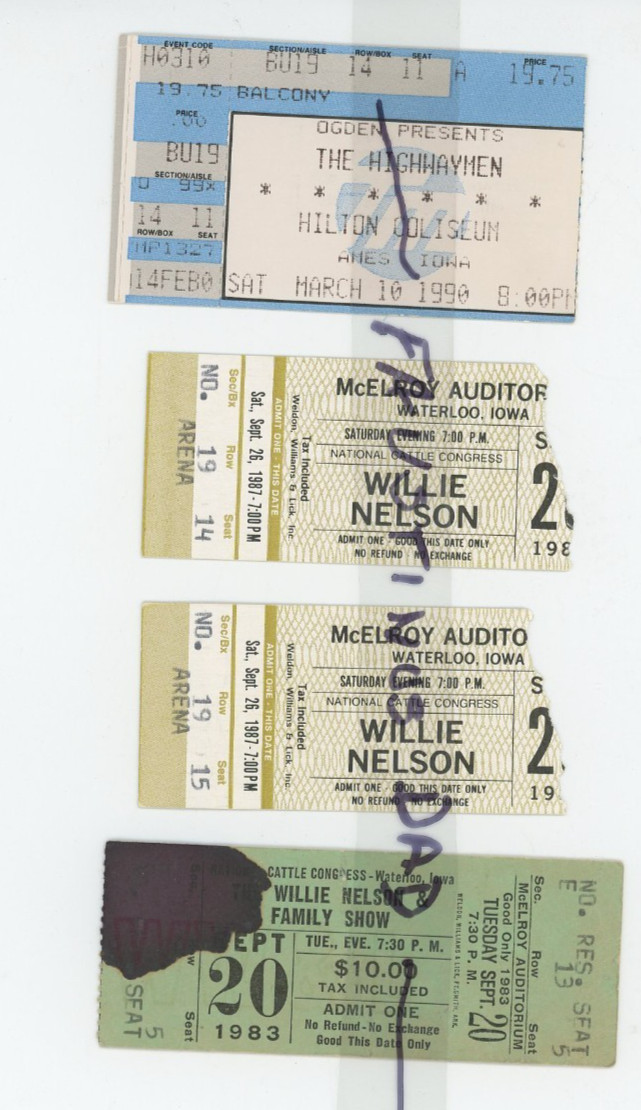 4 Used Willie Nelson Concert ticket Stubs + 8×10 Photo and 6 in Concert 3×5 Pics
