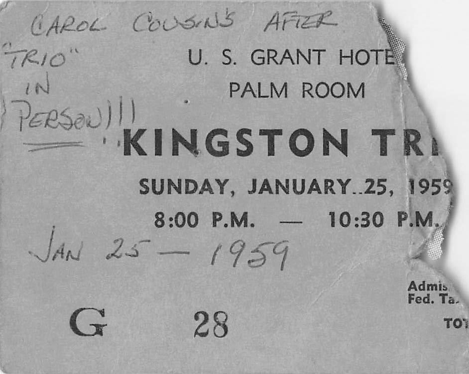 1959 Kingston Trio Ticket Stub 1950s US Grant Hotel Palm Room San Diego CA
